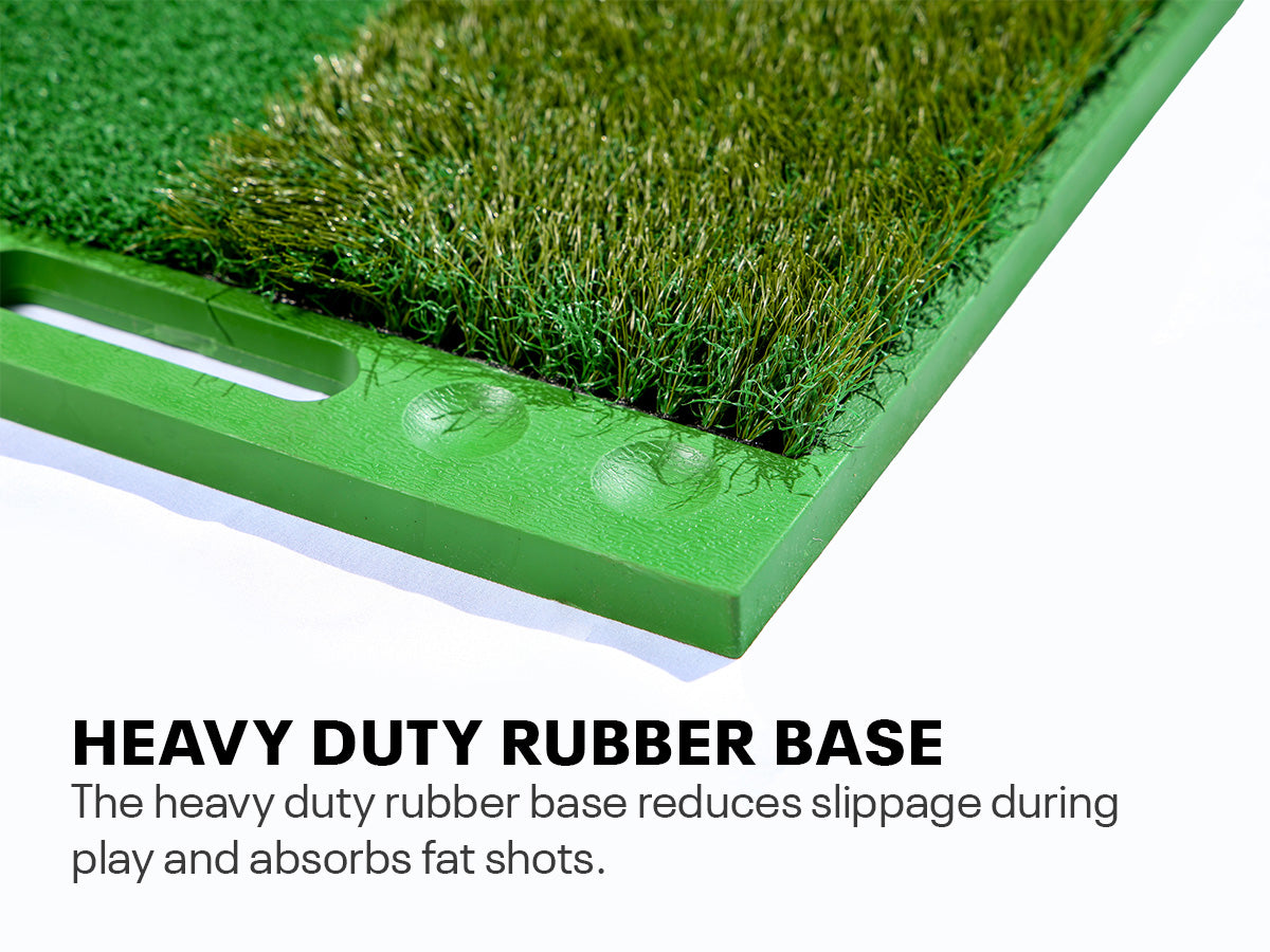 Multi-surface golf mat with heavy duty rubber base that reduces slippage during play and absorbs shots