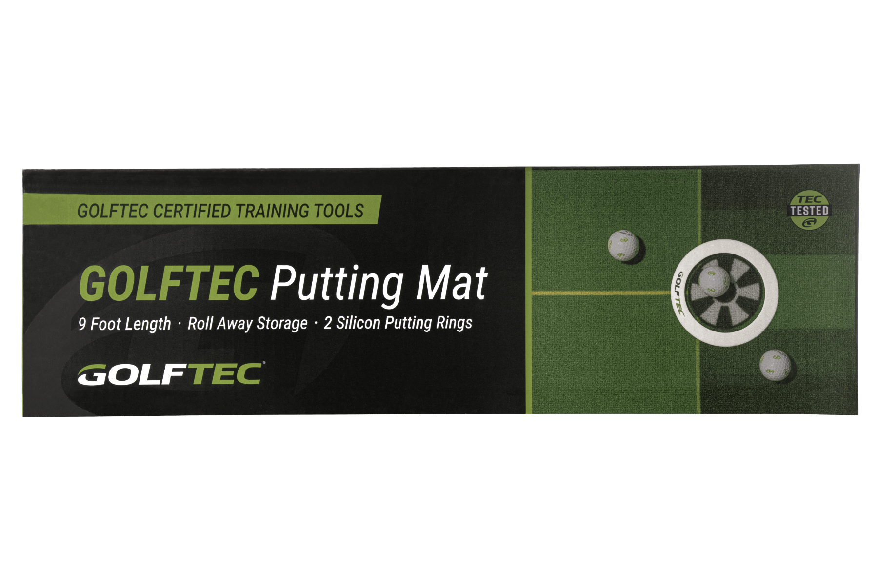 9ft long GOLFTEC putting mat, roll away storage, and two silicon putting rings